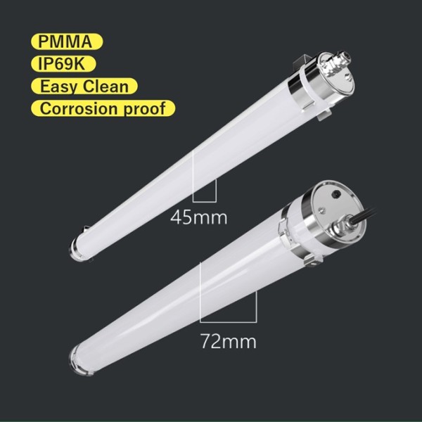 PMMA Diffuser IP69K EasyClean LED Tri-proof Light Vapor Tight 60W 40W 320W Sensor Emergency options DALI-2 D4i CE CB SAA listed