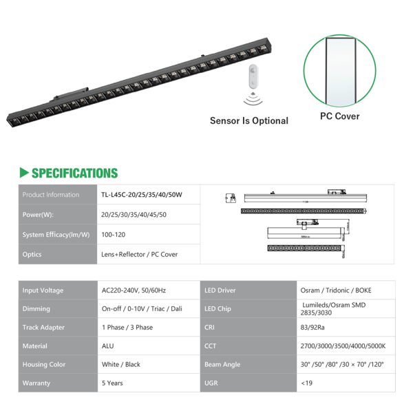 Anti Glare LED Linear Tracki Light 20W 25W 30W 35W 40W 45W CE CB Rohs