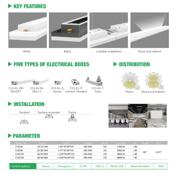 Drop Design 100lm/w 120lm/w High CRI>90 LED Linear Ceiling Light 300mm 600mm 1200mm 1500mm CE CB SAA Rohs