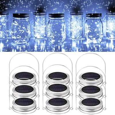 GONIMY Solar Mason Jar String Lights Lid, [Upgraded] 9 Pack 20 Led Antirust Waterproof Fairy Firefly Jar Lids Lights with 9 Hangers (Jars Not Included) for Patio Garden Wedding (Cool White)