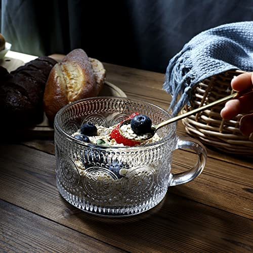 Vintage Coffee Mugs, Cute Coffee Bar Accessories, Glass Tea Cups Set of 4, Glass Cups with Lids and Spoons, 14oz Clear Iced Coffee Glasses, Embossed Glassware Sets, Ideal for Cappuccino, Tea, Latte