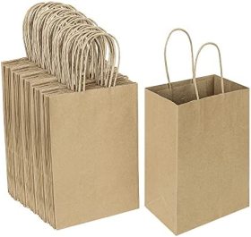 Oikss 100 Pack 5.25x3.25x8.25 Inch Small Plain Natural Paper Gift Bags with Handles Bulk, Kraft Bags for Birthday Party Favors Grocery Retail Shopping Business Goody Craft Bags Cub (Brown 100 Count)