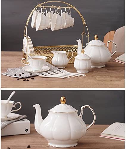 ufengke 15 Pieces Simple White English Ceramic Tea Sets,Tea Pot,Bone China Cups with Metal Holder Matching Spoons,Afternoon Tea Set Service Coffee Set