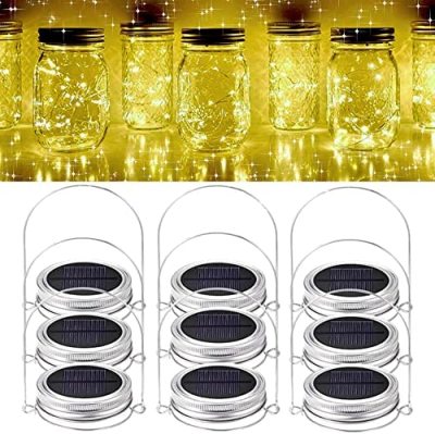 GONIMY Solar Mason Jar String Lights Lid, [Upgraded] 9 Pack 20 Led Antirust Waterproof Fairy Firefly Jar Lids Lights with 9 Hangers (Jars Not Included) for Patio Garden Wedding (Warm White)
