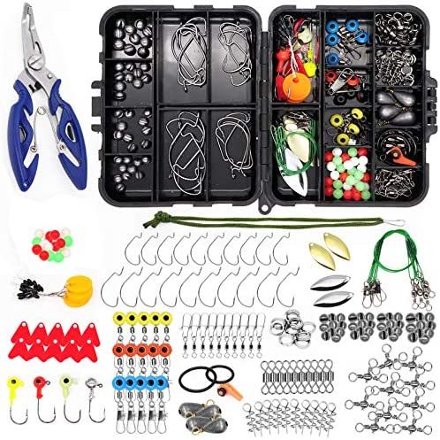 Fishing Accessories Kit【188PCS】 Set with Tackle Box, Including Pliers, Jig Hooks, Bullet Bass Casting, Swivels Snaps, Sinker Sliders, Line Beads, Sinker Weights, Split Rings, Fishing Leaders.