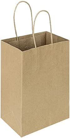 Oikss 100 Pack 5.25x3.25x8.25 Inch Small Plain Natural Paper Gift Bags with Handles Bulk, Kraft Bags for Birthday Party Favors Grocery Retail Shopping Business Goody Craft Bags Cub (Brown 100 Count)