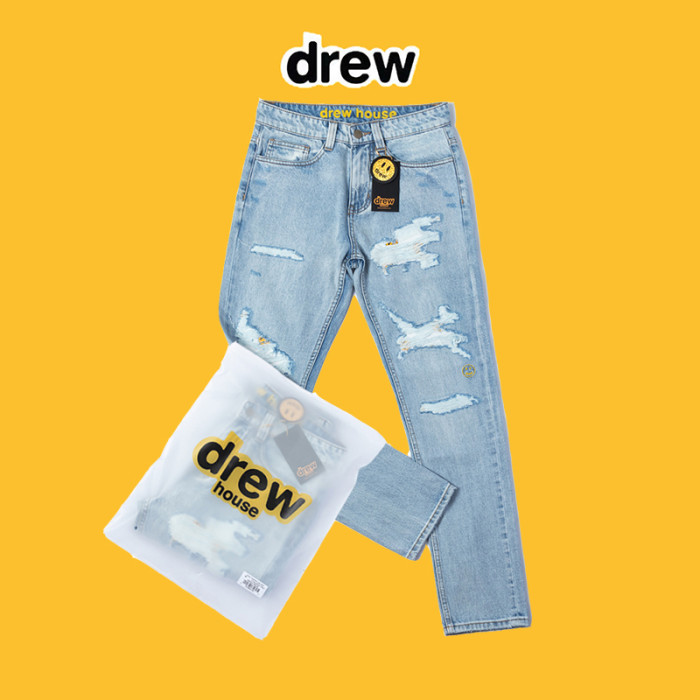 DREW HOUSE JUSTIN with smiley faces embroidered with ripped jeans