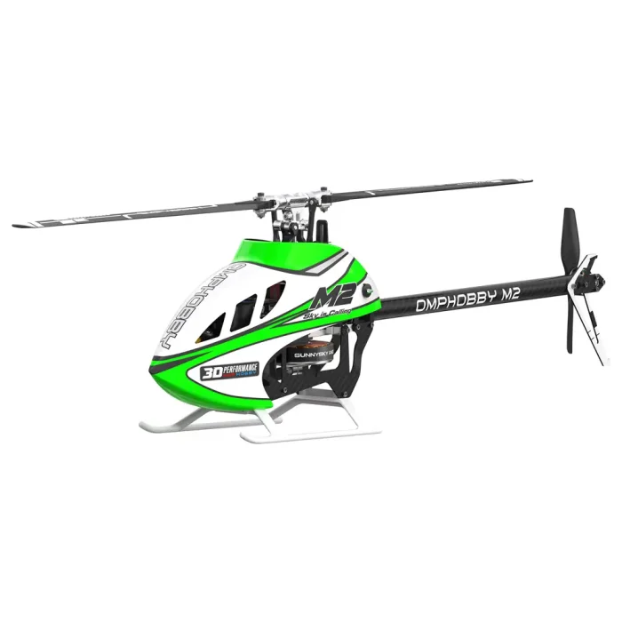 OMPHOBBY M2 V3 Sport 3D RC helicopter in Aurora Green colorway, clean white background main product shot, showcasing the full body design and premium finish of the pro-level RC helicopter