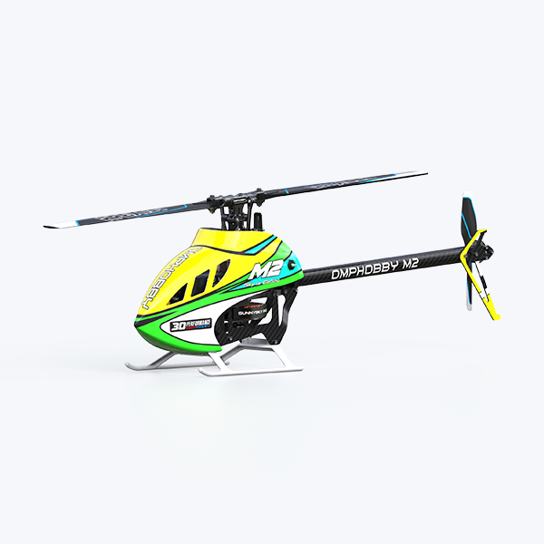 A detailed macro shot of the OMPHOBBY M2 V3 PRO extreme 200-class RC helicopter, showcasing its all-metal black anodized CNC main rotor head, metal-case servos, and APEX 190 carbon fiber blades root, emphasizing brutal mechanical precision.