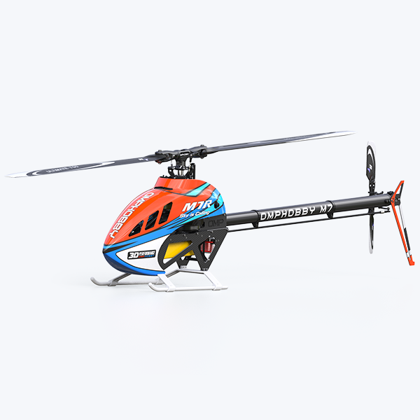 A powerful micro-focus photograph of the OMPHOBBY M7R championship 700-class RC helicopter, highlighting core components made from forged 7075-T651 aluminum alloy, split carbon fiber frame, and the rigid POM dampened FBL head assembly, engineered for podium performance.
