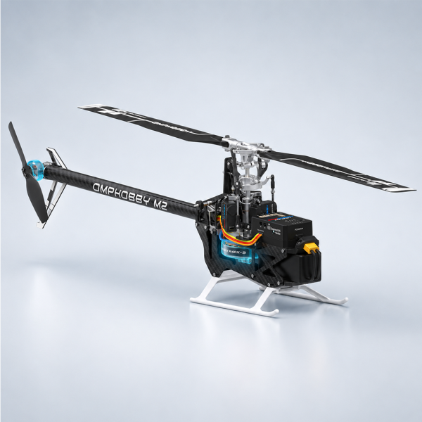 OMPHOBBY M2 RC helicopter highlighting the dual brushless direct-drive main and tail motor system.