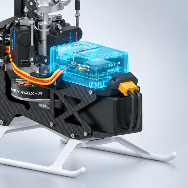 OMPHOBBY OFS3 flight controller with integrated ExpressLRS receiver and SUNYSKY main motor on carbon fiber frame.