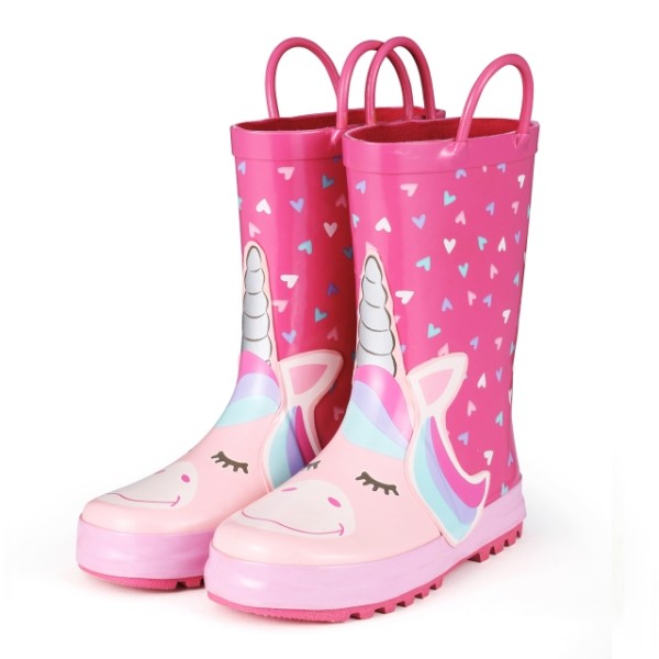 Kids Girl Rain Boots Pink unicorns with hearts