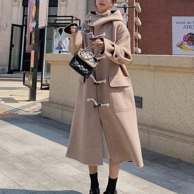Shengpalae 冬の新女性のホーンボタンのウールコートフード付き長袖大サイズシンプルな固体ファッションオーバーコートzc244