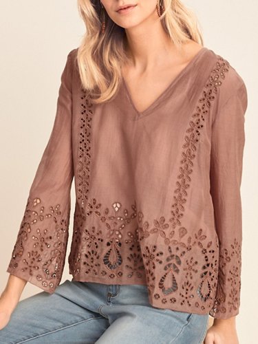 Brown V Neck Shift Casual Solid Shirts & Tops