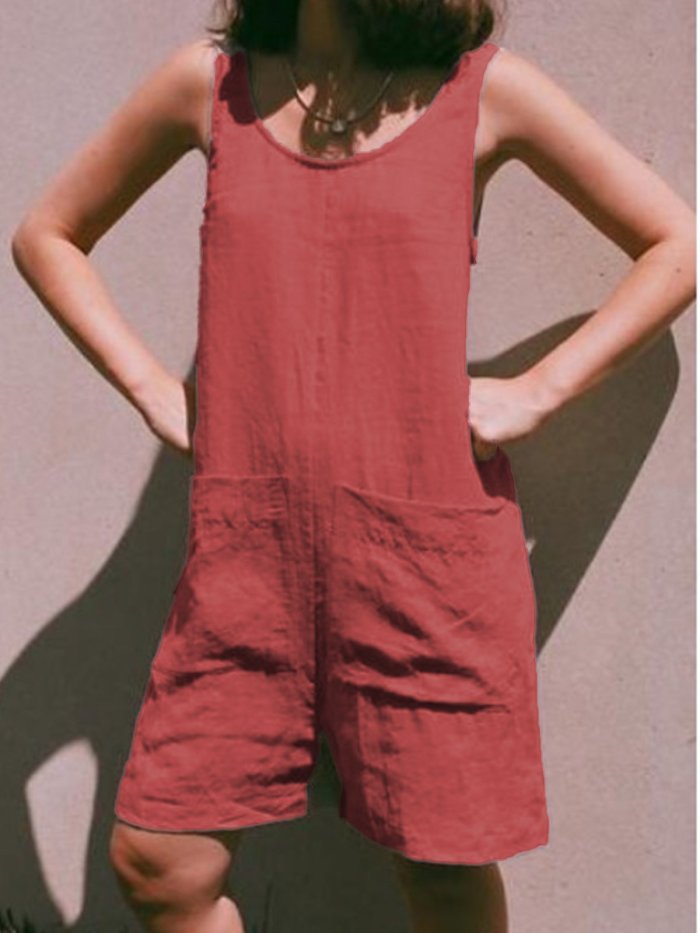 Women's Summer Fashion Sleeveless Solid Linen Romper
