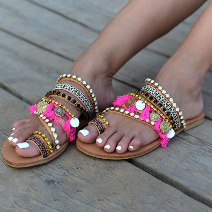 Handmade Women Sandals Tassel Flat Holiday Sandals with Beading