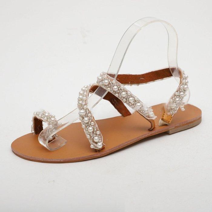 Women Boho Handmade Pearl Beach Sandals  Bridal Shoes