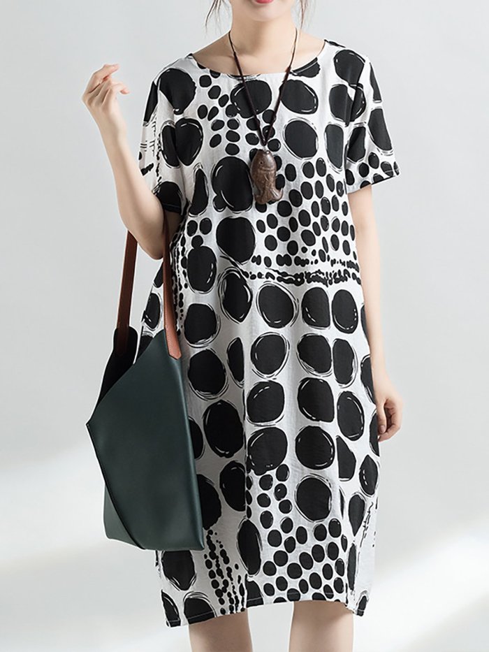 Short Sleeve Polka Dots Crew Neck Printed Casual Midi Plus Size Dress