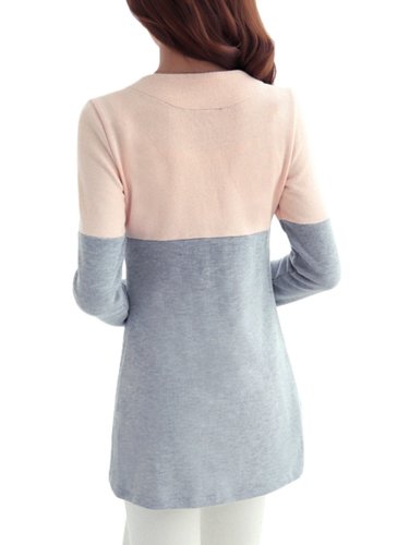 Color-block Casual Crew Neck Knitted Coat