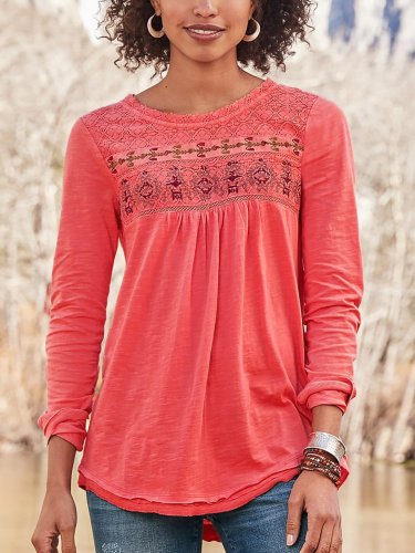Cotton-Blend Long Sleeve Printed Casual Tops