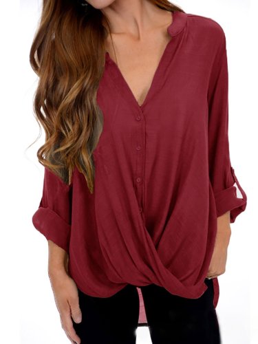 Casual Polyester V Neck Buttoned Blouse