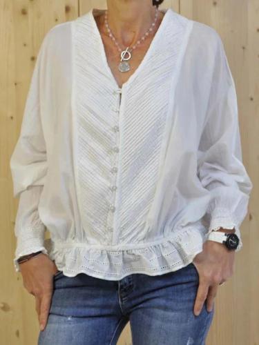 Long Sleeve Pleated V Neck Casual Shirts