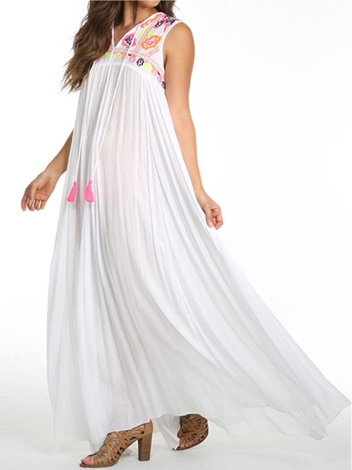Cotton Sleeveless V Neck Printed/dyed Dresses