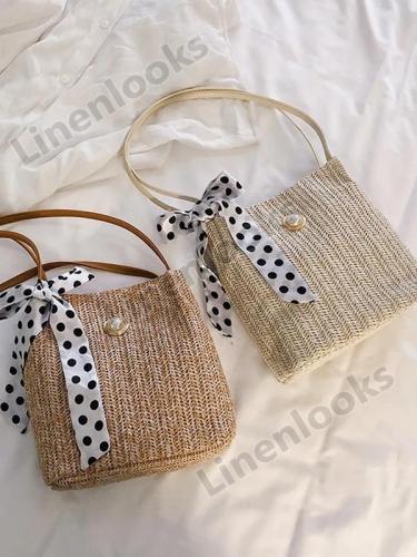 Women Hand Bag Shoulder Sling Beach Bags Crossbody Woven Polka Dot Tibbon Pearl Handbag