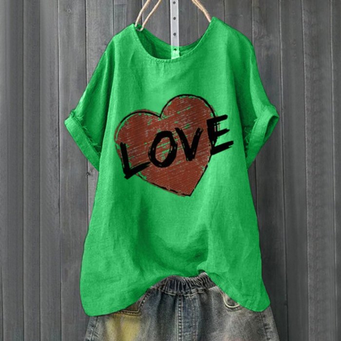 Fashion Blouse Loose Plus Size Casual Heart Letter Printed O-Nock Short Sleeve Shirts Tops