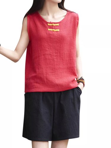 Round Neck Casual Sleeveless Cotton Shirts & Tops