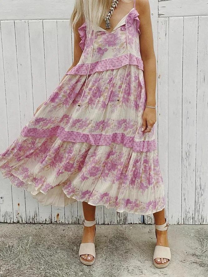 V Neck Purple Women Dresses Swing Printed Floral Dresses