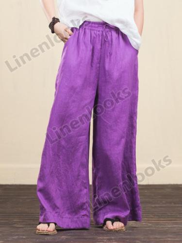 Women Linen Elastic Waist Loose Casual Wide Leg Pants