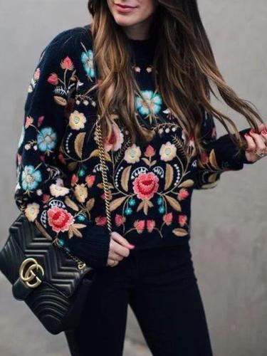 Sweet Retro Chic Loose Embroidery Long Sleeve Knitting Sweater