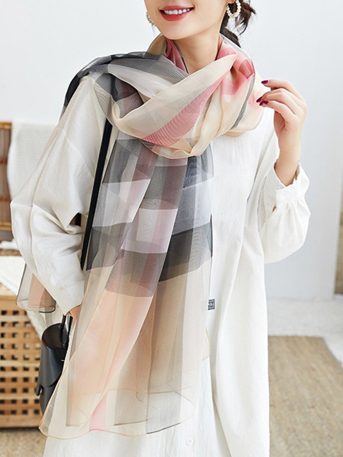 Khaki Checkered/plaid Printed Silk-Blend Scarves