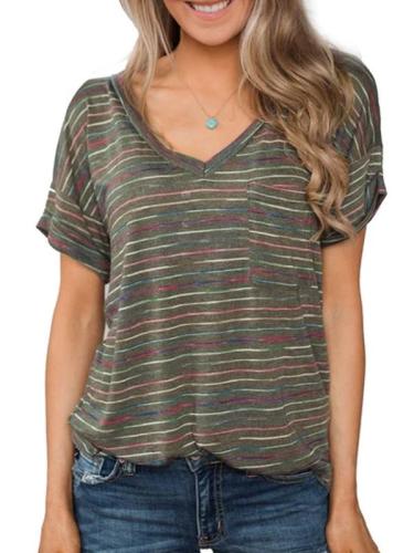 Plus Size Casual Striped V Neck Short Sleeve Tops