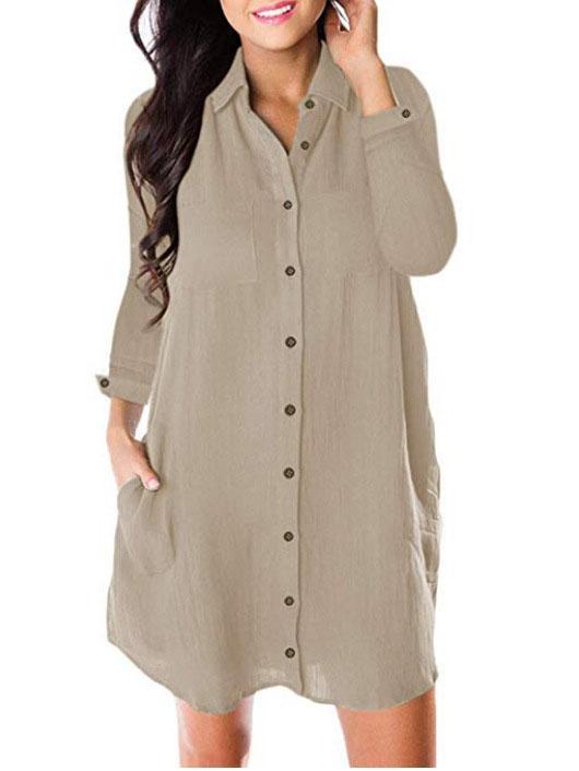 Cotton-Blend Casual Long Sleeve Solid Dresses