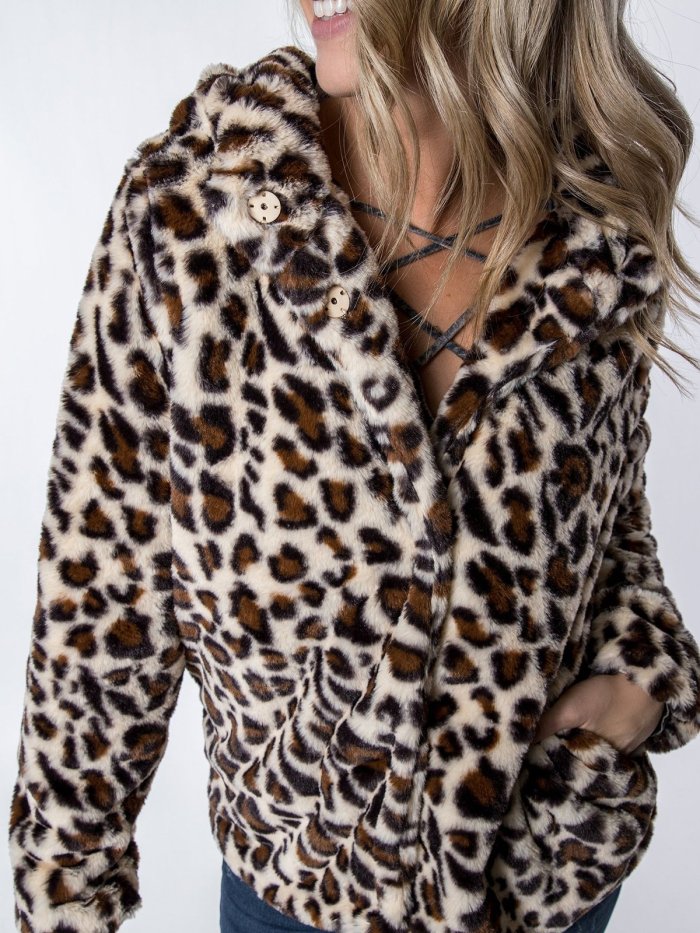 Leopard Cotton Hoodie Paneled Casual Coat