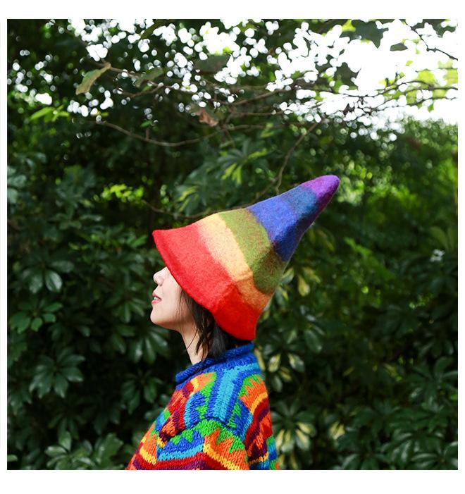 pointed wool hat handmade wool felt rainbow wizard felt hat