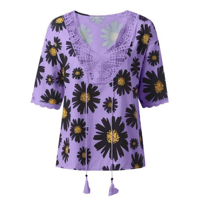 Fashion Blouse Vintage Loose Plus Size Floral Printed Lace V-Neck Short Sleeve Shirts Tops