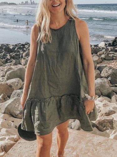 Army Green Solid Round Neck Cotton-Blend Casual Dresses