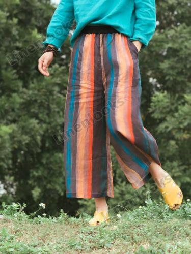Multi Colors Striped Loose Elastic Waist Linen Pants