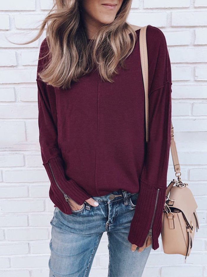 Holiday Long Sleeve Zipper Plain Knitted Sweaters