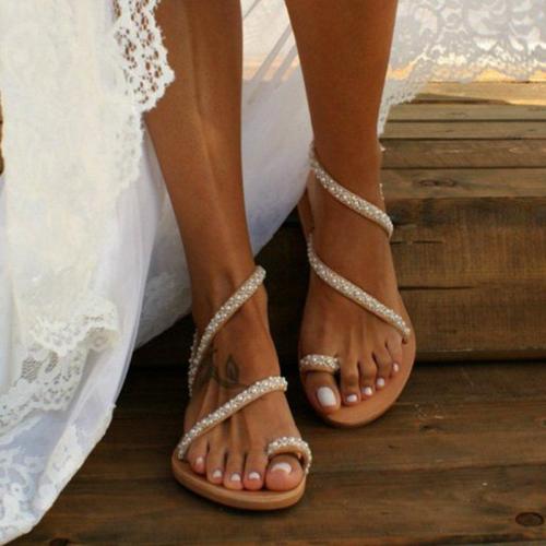 Women Boho Handmade Pearl Beach Sandals  Bridal Shoes