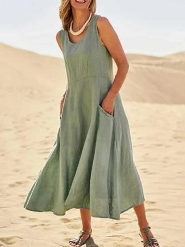 Lightgreen Holiday Round Neck Cotton Solid Dresses