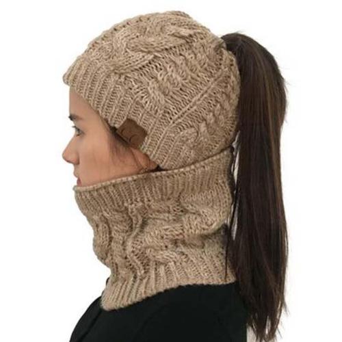 Twist Empty Head Knitted Cap and Scarf Set Autumn Winer Warm Horsetail Pompom Skullies Beanies Hat ForWomen