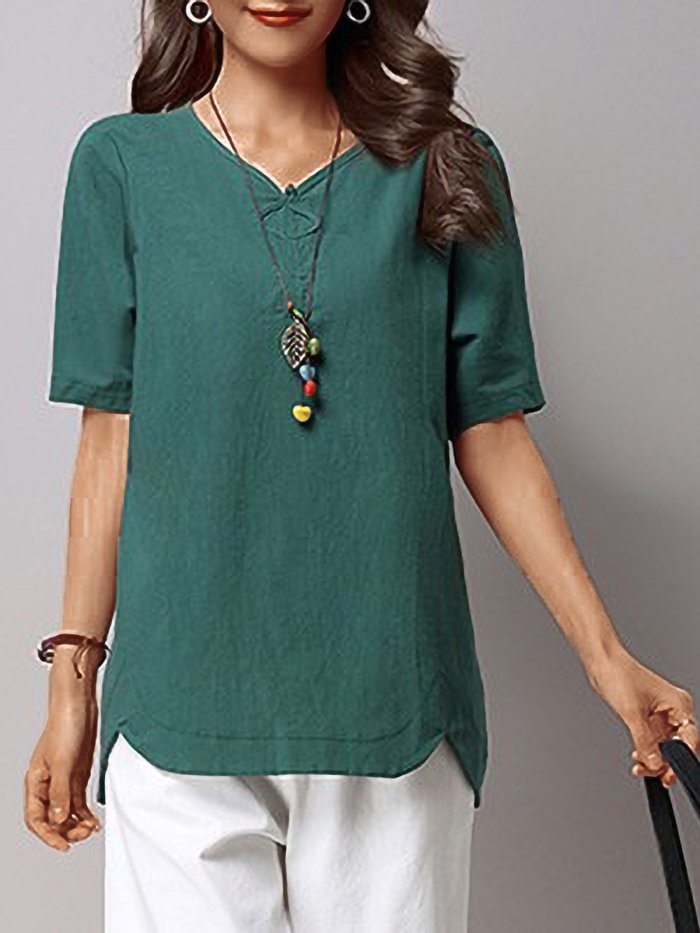 Plus Size Women Short Sleeve V-Neck Solid Casual Tops