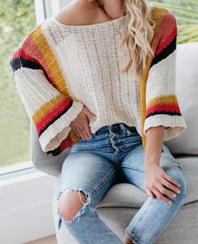 2020 Summer New Model Hollow Beach Shirt Stitching Knitted Rainbow Sweater