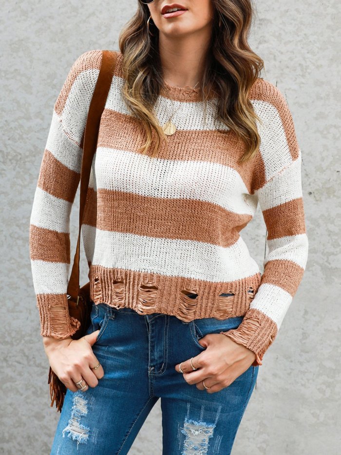 Long Sleeve Stripes Knitted Shirts & Tops