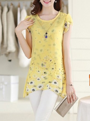Short Sleeve Crew Neck Chiffon Printed Casual Plus Size Blouse